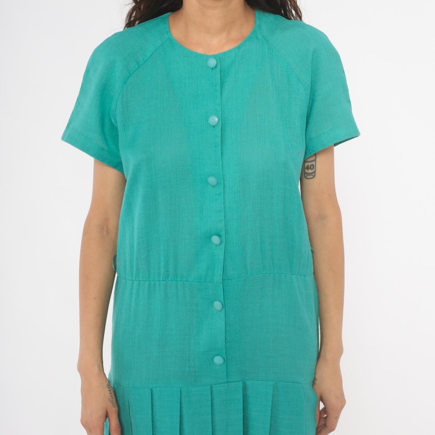 80s Sabino Teal Midi Dress Button Front Drop Waist Pleated Raglan Large L