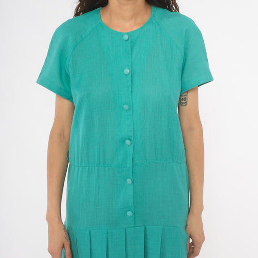 80s Sabino Teal Midi Dress Button Front Drop Waist Pleated Raglan Large L