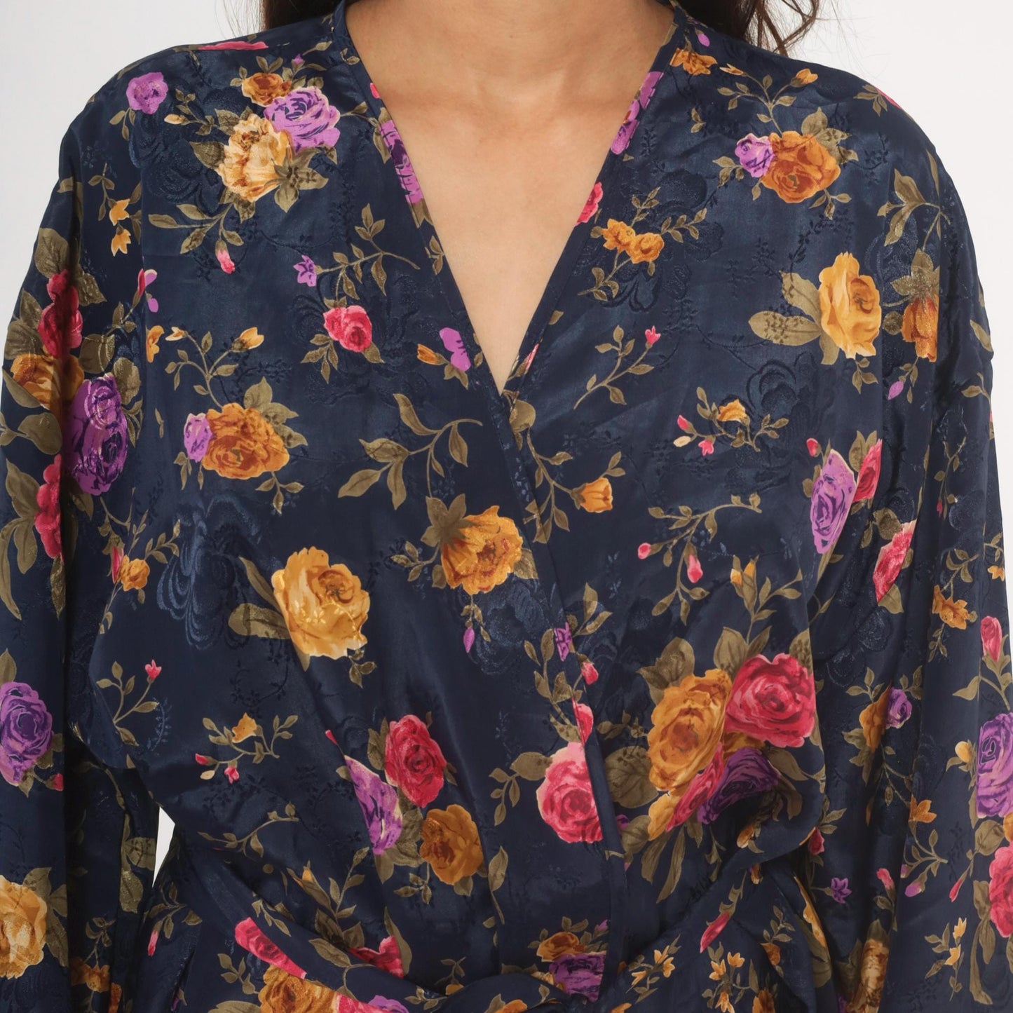 90s M.T. Morgan Taylor Navy Floral Kimono Robe Mini Wrap Tie Front Medium Large
