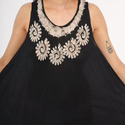 90s Black Batik Maxi Dress Cream Spiral Embroidered Trapeze Tank Medium