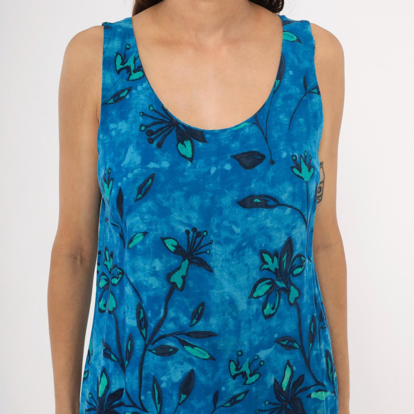 90s Worthington Blue Batik Floral Maxi Dress Tank Sleeveless Teal Navy Medium