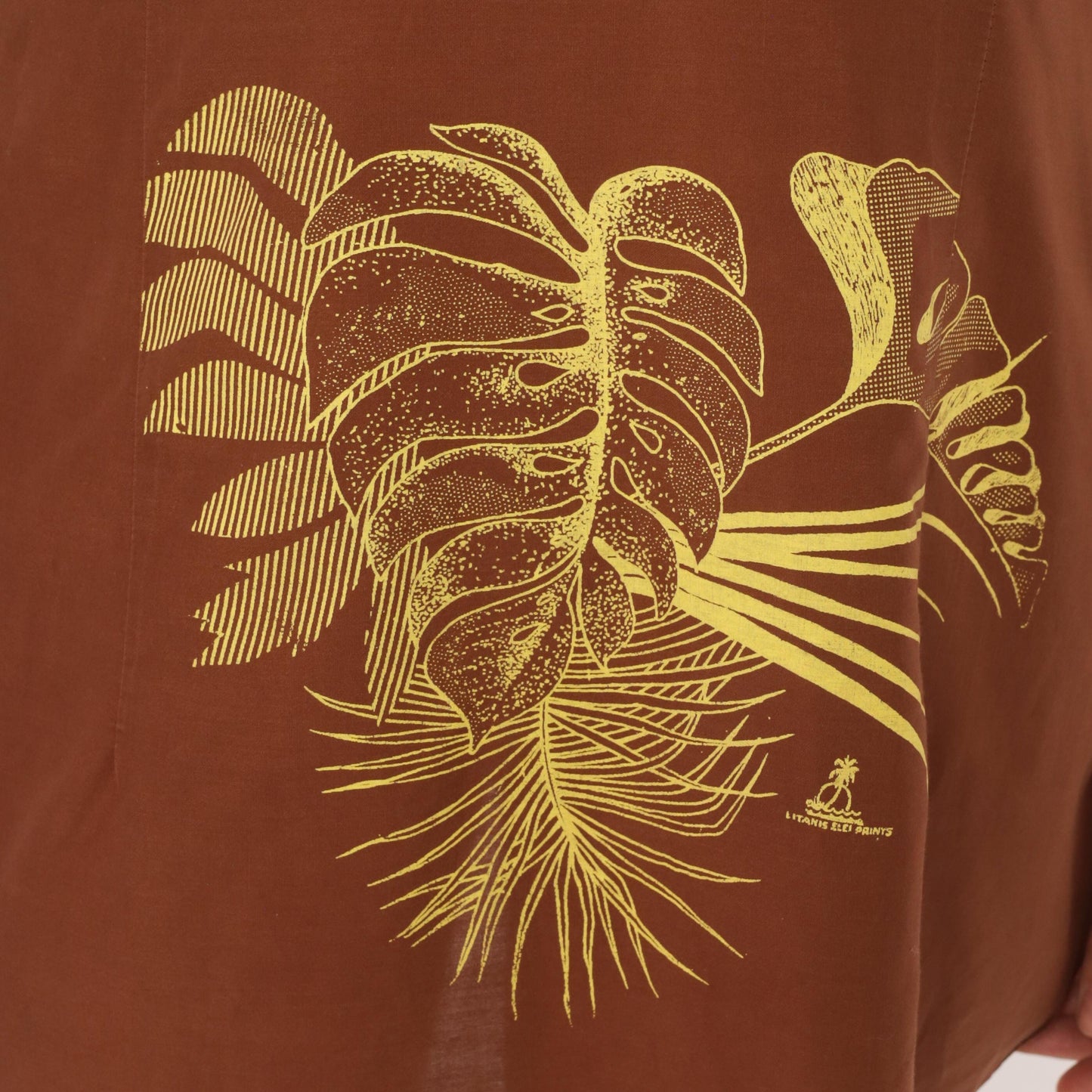 70s Tropical Monstera Puff Sleeve Mini Dress Brown Gold Small S