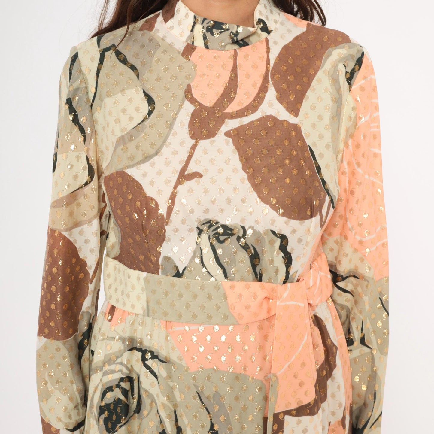 70s Rose Print Maxi Dress Gold Metallic Dots Long Sleeve Peach Taupe Chiffon Medium