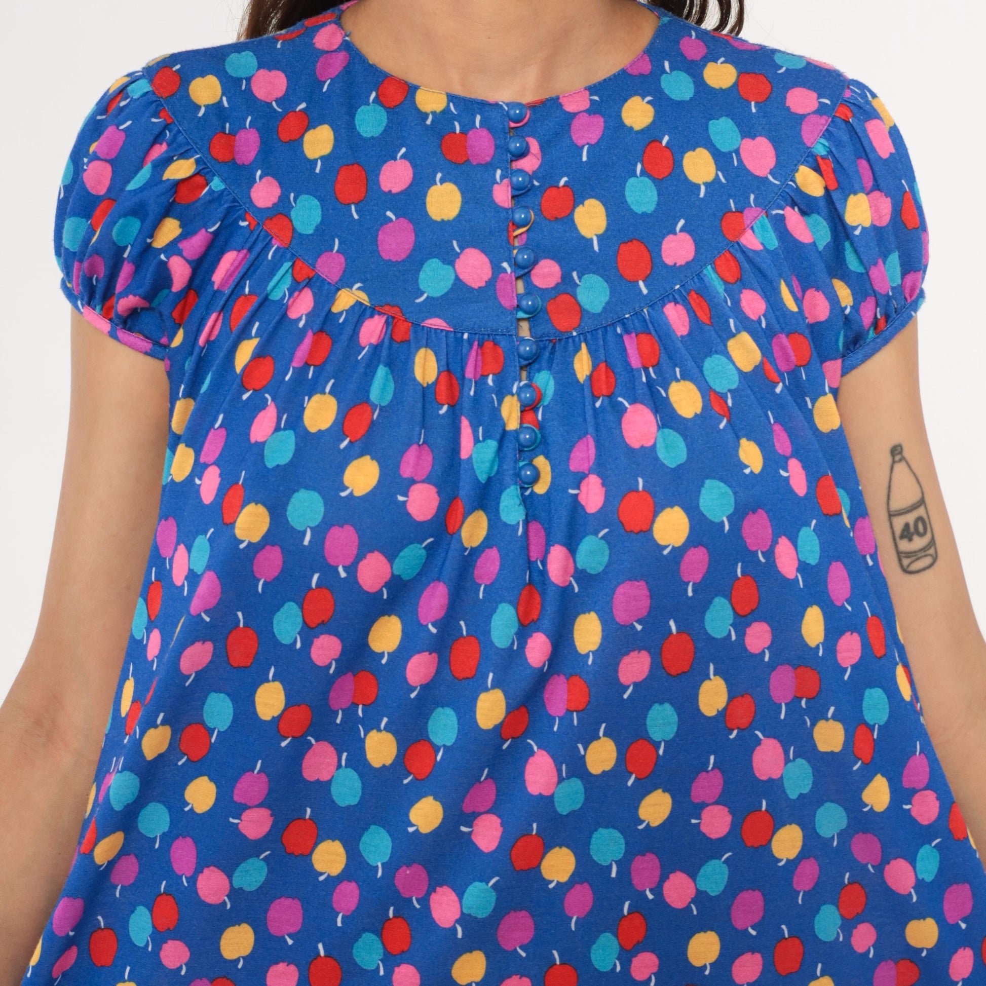 80s Lanz Originals Apple Print Babydoll Dress Blue Puff Sleeve Mini Small S