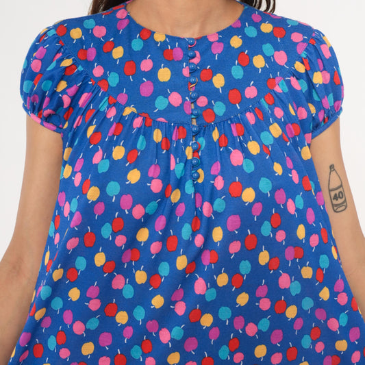 80s Lanz Originals Apple Print Babydoll Dress Blue Puff Sleeve Mini Small S