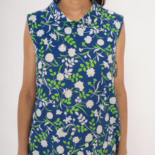 80s Mr. B California Blue Floral Shift Dress Cowl Neck Knee-Length Medium