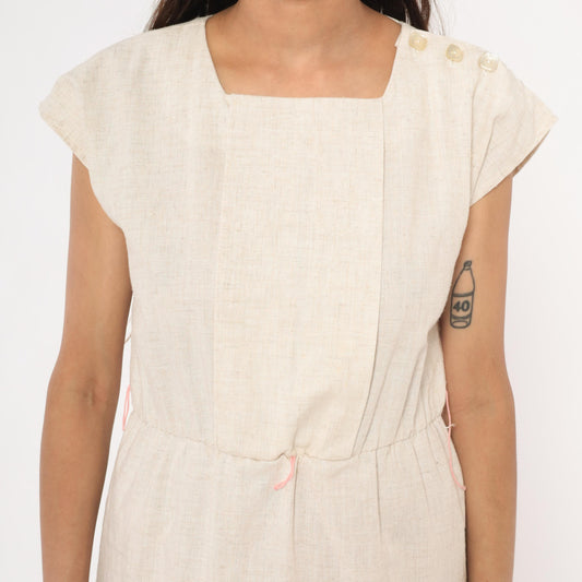 80s Oatmeal Linen Sheath Dress Square Neck Cap Sleeve Knee Length Small