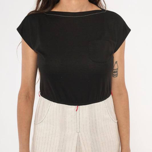 80s Melissa Petites Pinstripe Linen Knee-Length Skirt Cream Small S