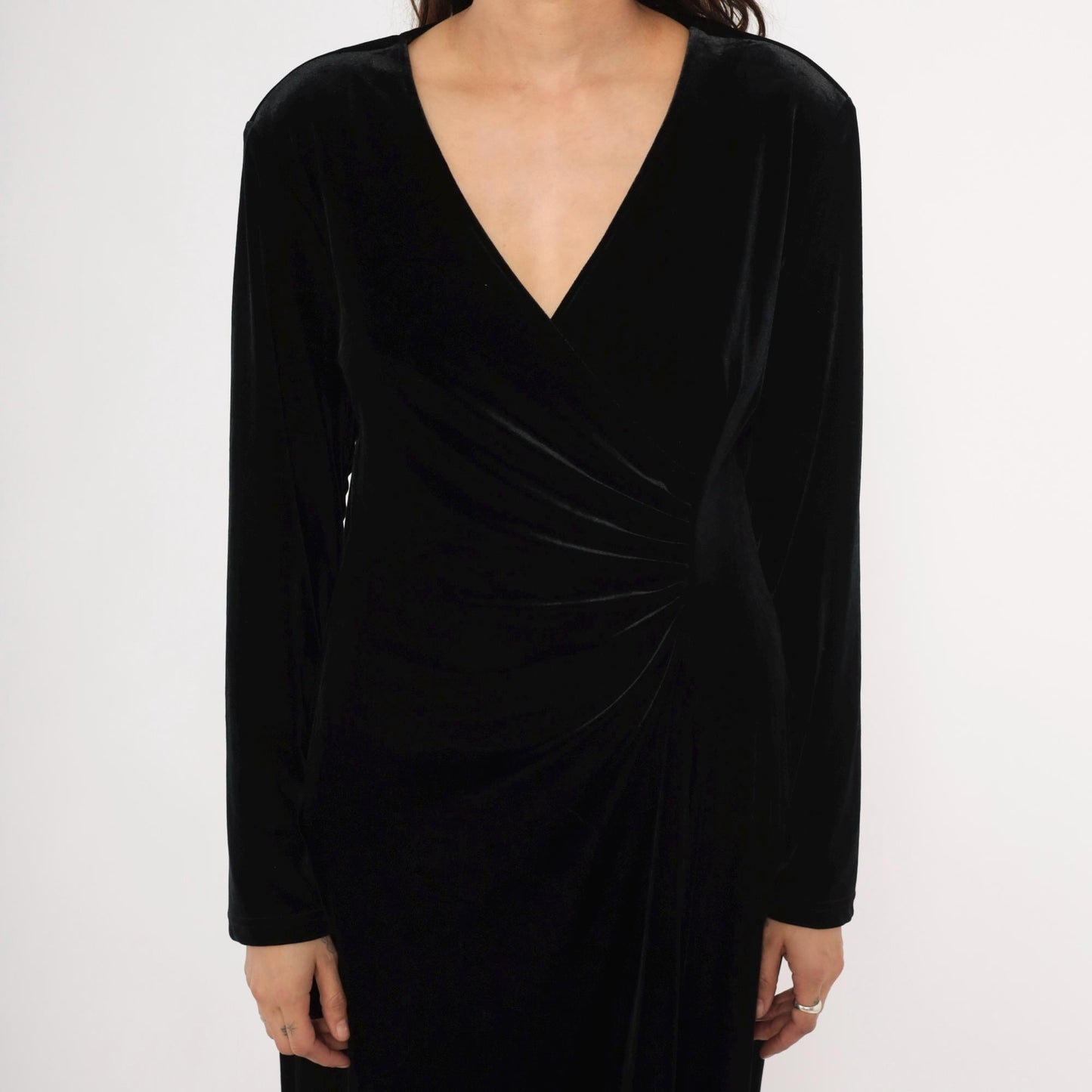 90s Robbie Bee Black Velvet Maxi Dress Surplice Neckline Long Sleeve Large L