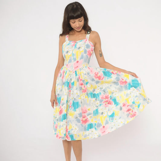80s Pea Patch Watercolor Floral Sundress Sweetheart Basque Waist Small