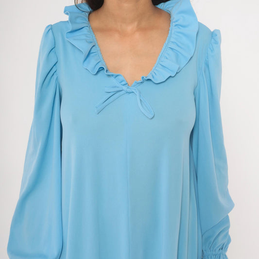 70s Sky Blue Maxi Dress Ruffle Collar Puff Sleeve A-Line Large L