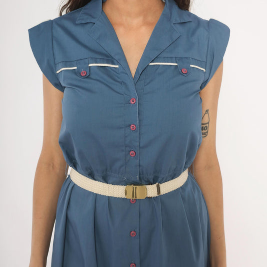 80s Slate Blue Button-Front Shirtdress Cap Sleeve Notched Collar Belted Small S