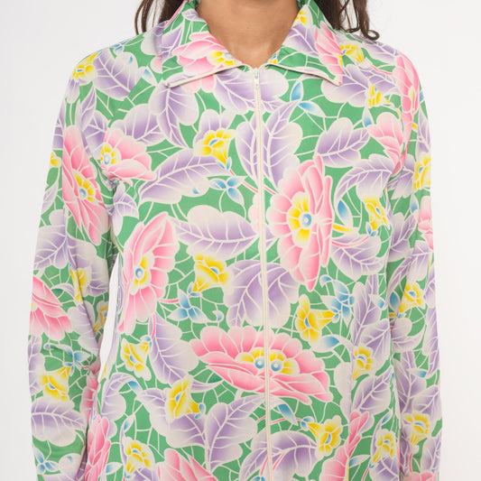 70s Travel Lite Floral Shift Dress Pink Lavender Green Knee-Length Small S