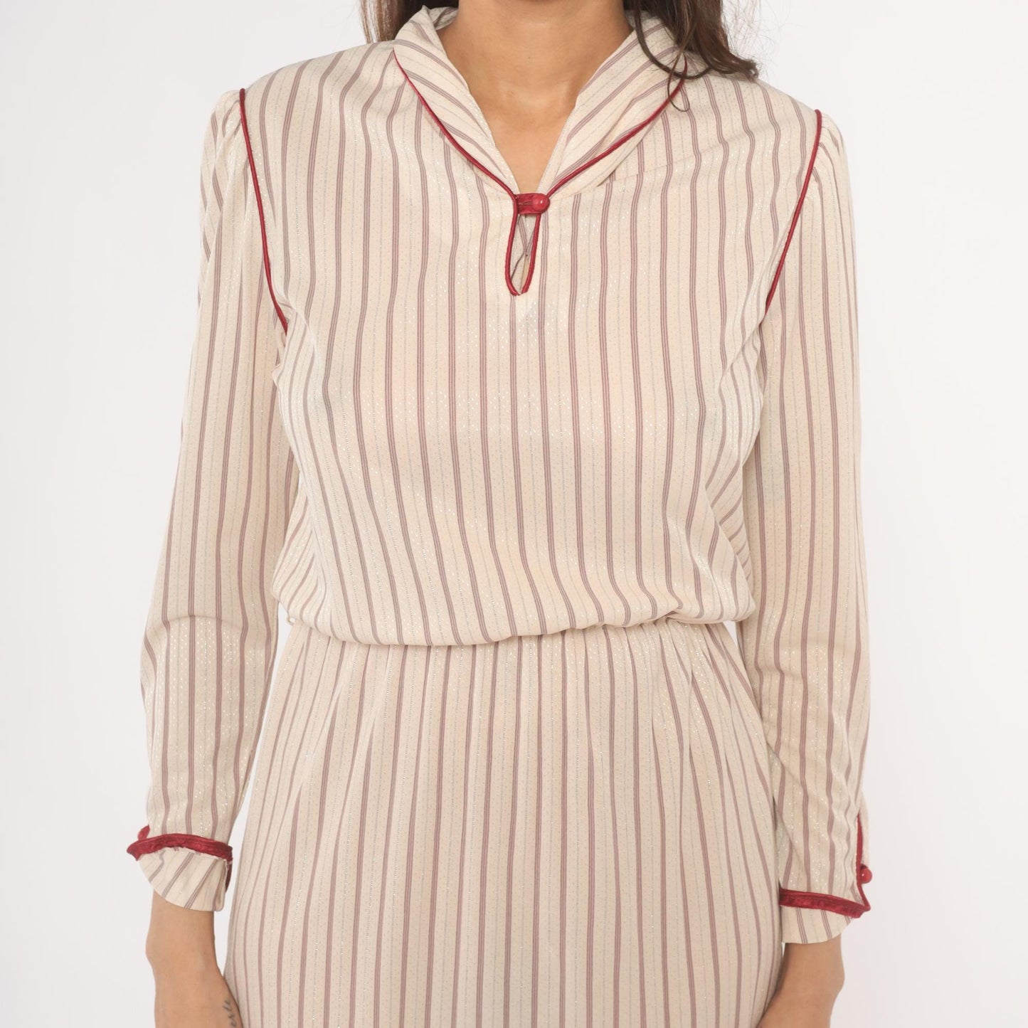 80s Striped Blouson Dress Cream Burgundy Keyhole Neckline Knee Length Small S