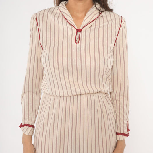 80s Striped Blouson Dress Cream Burgundy Keyhole Neckline Knee Length Small S