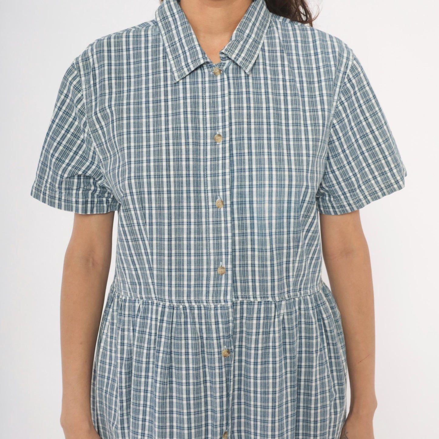 90s Studio Works Blue Plaid Cotton Maxi Shirtdress Medium