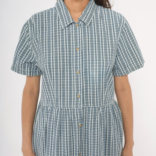 90s Studio Works Blue Plaid Cotton Maxi Shirtdress Medium