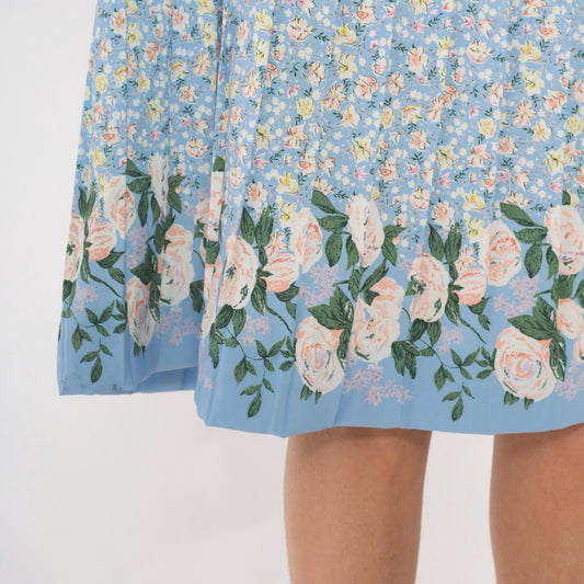 90s Breli Originals Floral Shirtdress Sky Blue Midi Pleated Skirt Large L