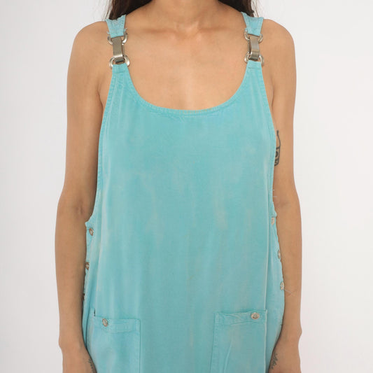 90s Froxx Sky Blue Maxi Overall Dress Sleeveless Pinafore Large L