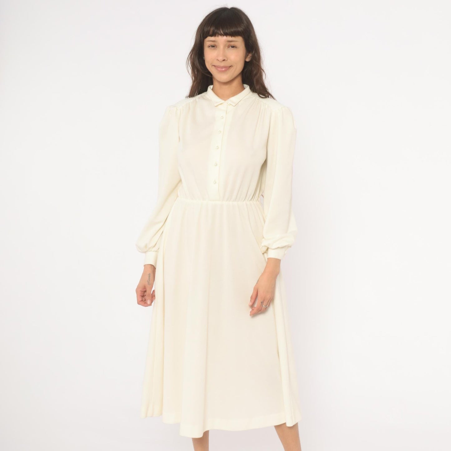 80s Sunshine Starshine Cream Puff Sleeve Midi Dress Pearl Buttons Wool Large L