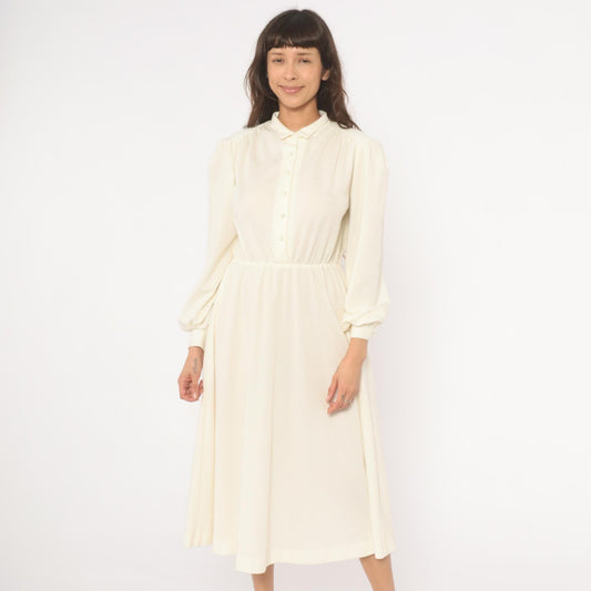 80s Sunshine Starshine Cream Puff Sleeve Midi Dress Pearl Buttons Wool Large L