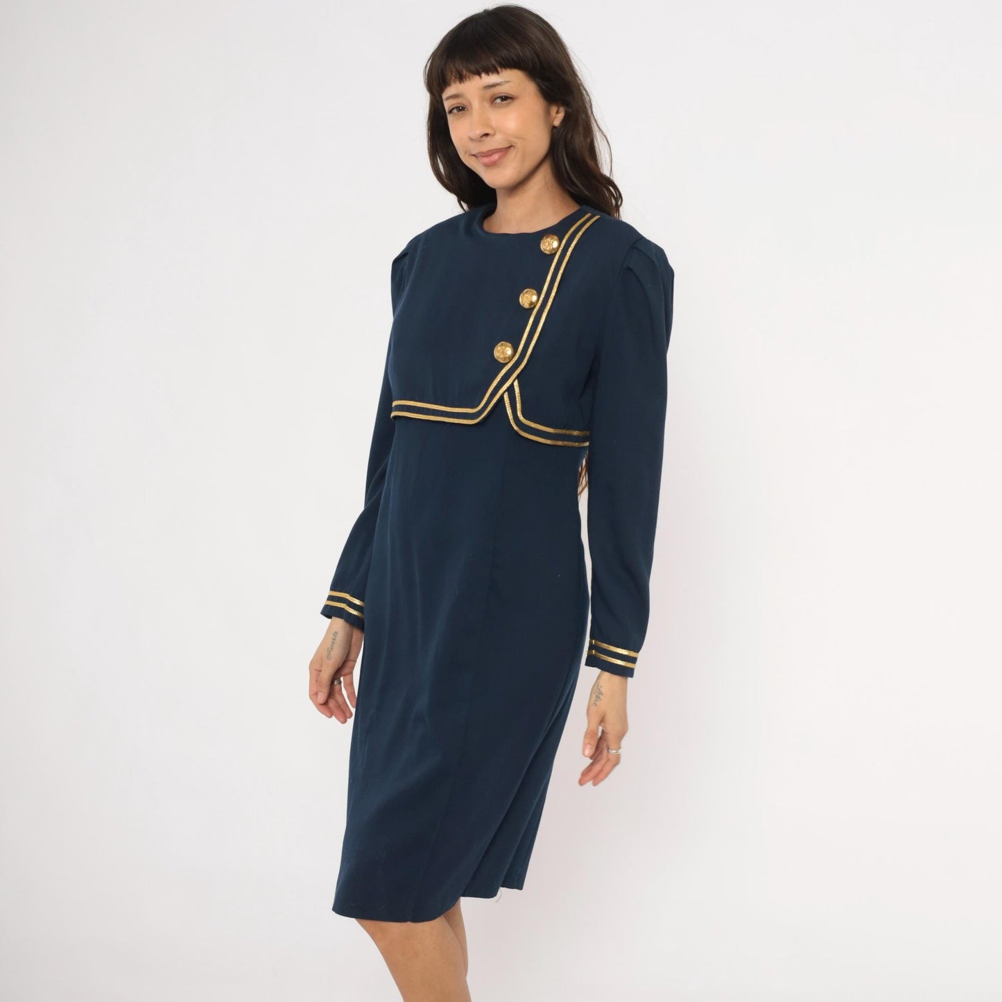 80s Jessica Howard Navy Dress Gold Braid Military Knee-Length Puff Sleeve Medium M