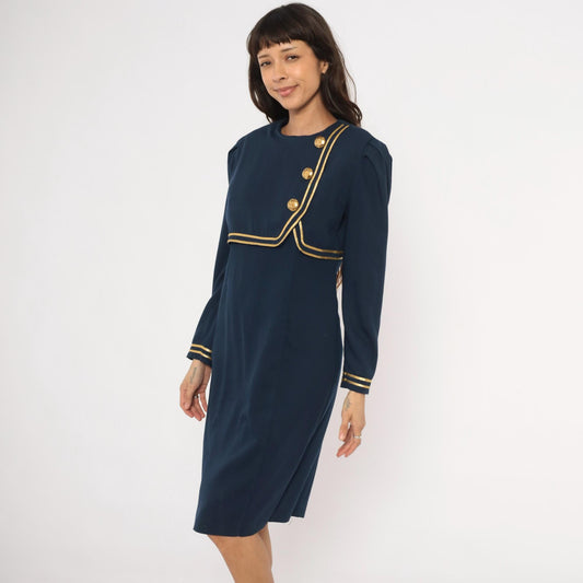 80s Jessica Howard Navy Dress Gold Braid Military Knee-Length Puff Sleeve Medium M