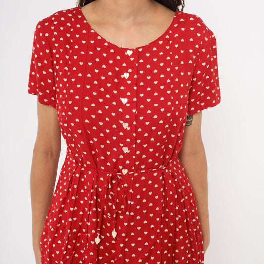 80s Sarah Elizabeth Red Heart Print Midi Dress Button Front Scoop Neck Medium M