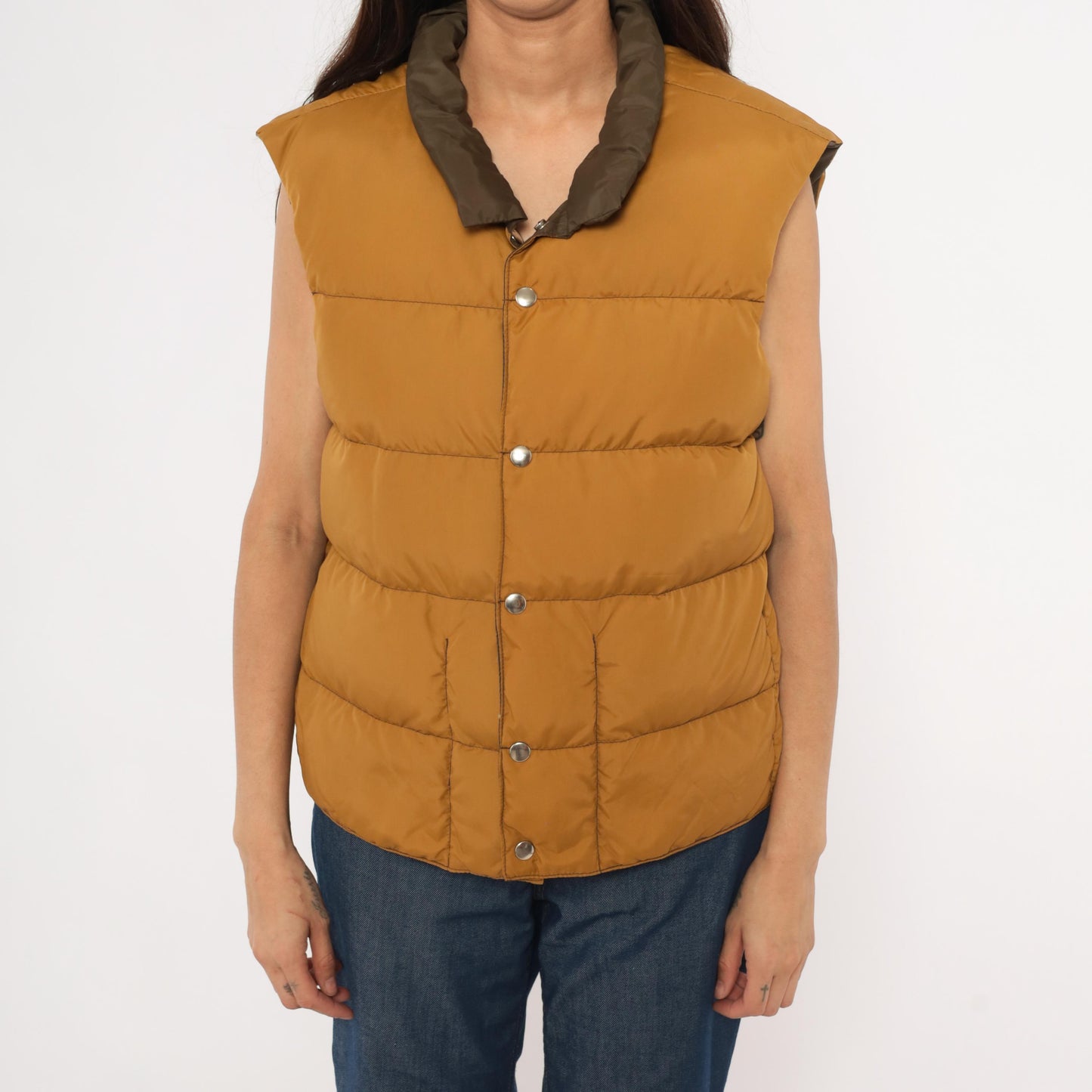 80s Reversible Puffer Vest Brown Mustard Quilted Down Waistcoat Medium