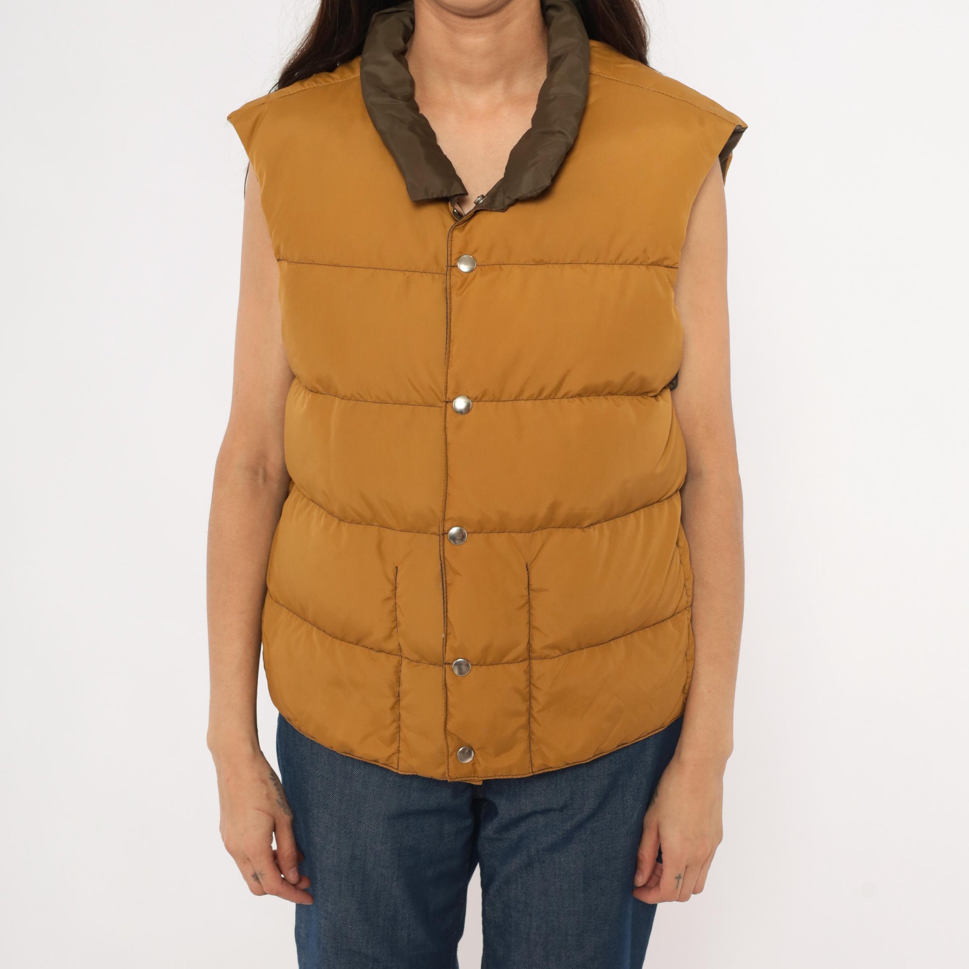 80s Reversible Puffer Vest Brown Mustard Quilted Down Waistcoat Medium
