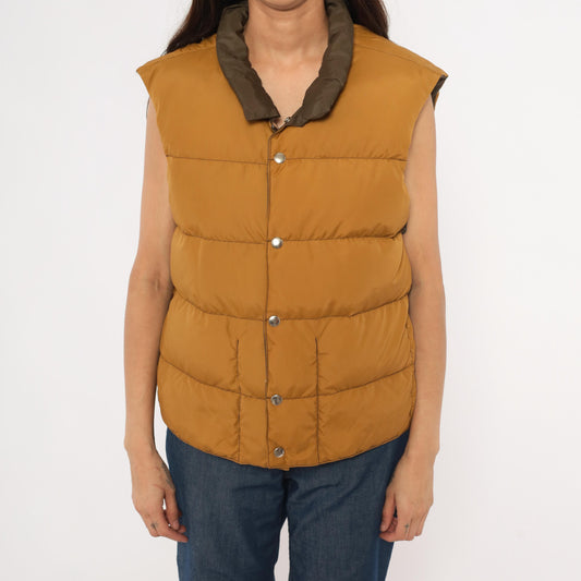 80s Reversible Puffer Vest Brown Mustard Quilted Down Waistcoat Medium
