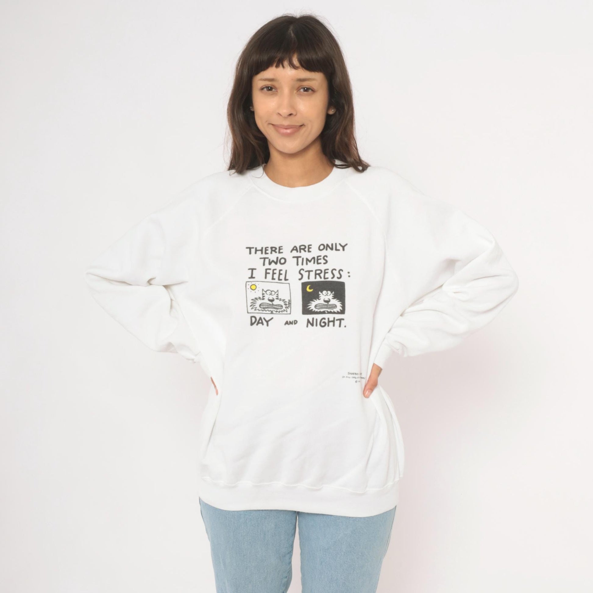 90s Shoebox Greetings Stress Day And Night Cat Sweatshirt White Raglan Extra Large