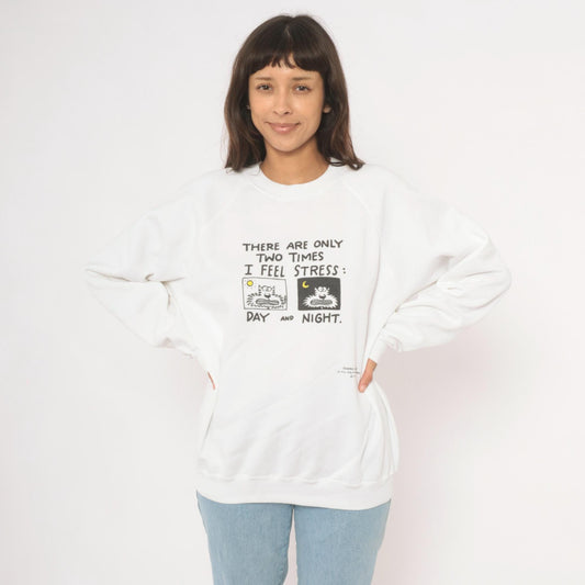 90s Shoebox Greetings Stress Day And Night Cat Sweatshirt White Raglan Extra Large