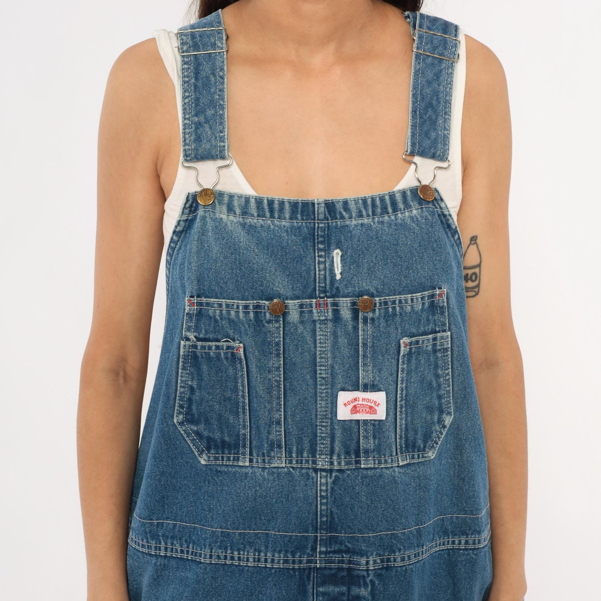 Y2K Roundhouse Denim Bib Overalls Medium Wash Blue Cotton Carpenter 50x30