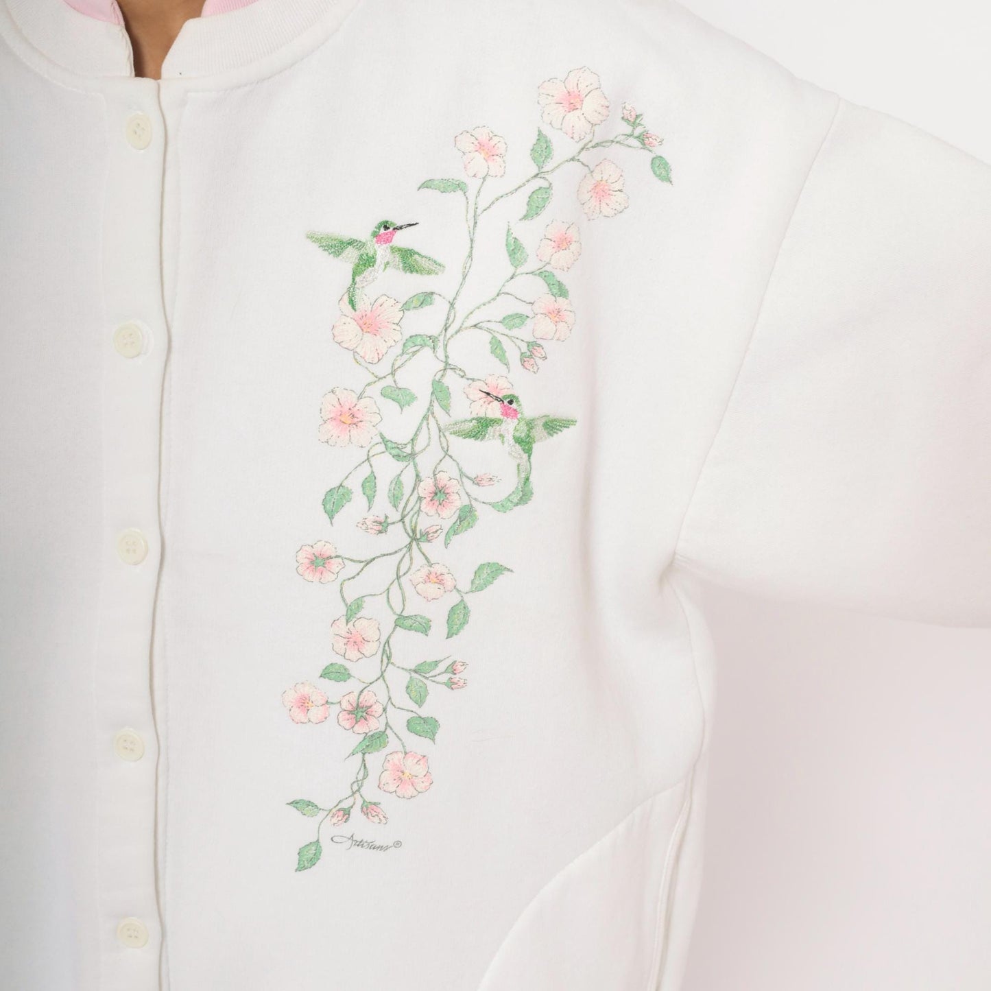 90s Artisans Hummingbird Floral Button Cardigan White Pink Cotton Large XL