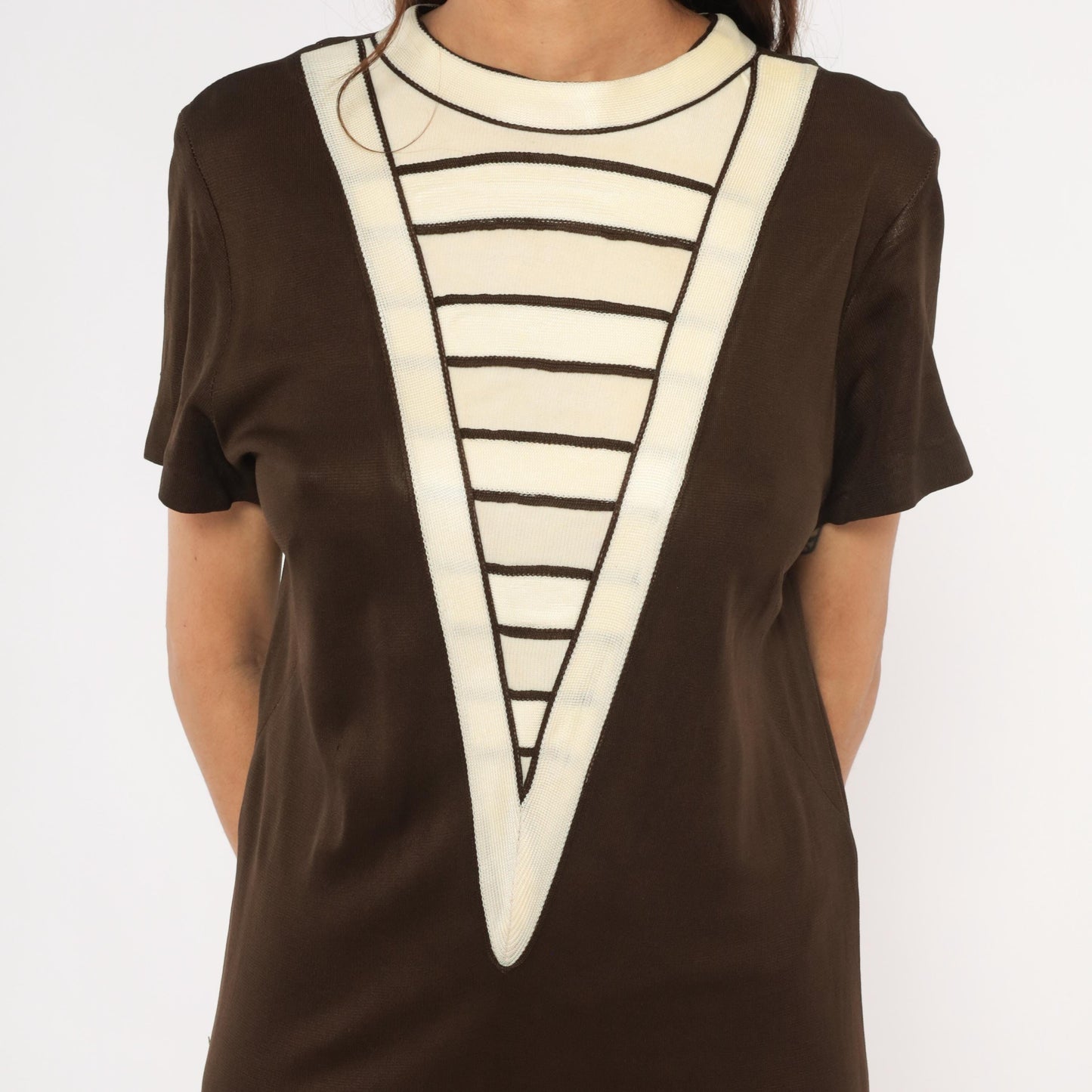 60s Mod Shift Dress Brown Cream Striped V Panel Short Sleeve Large L