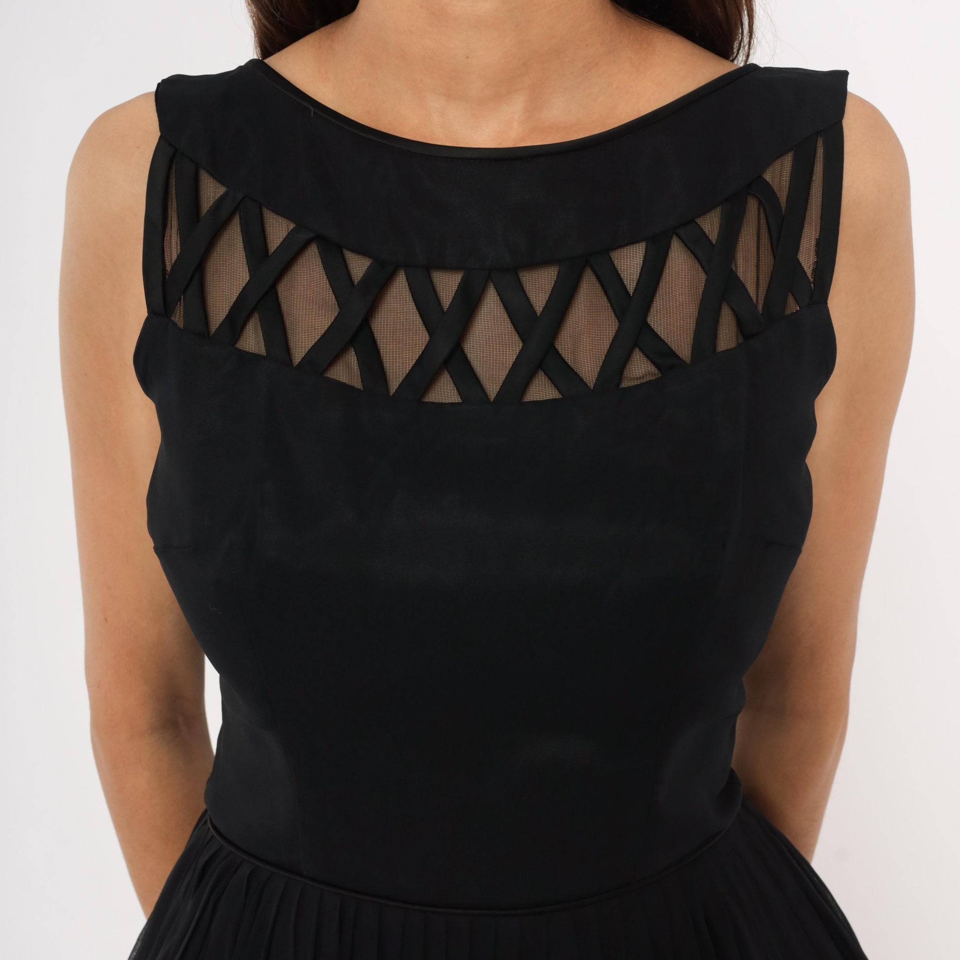 60s Black Chiffon Cocktail Dress Lattice Cutout Boat Neck Small