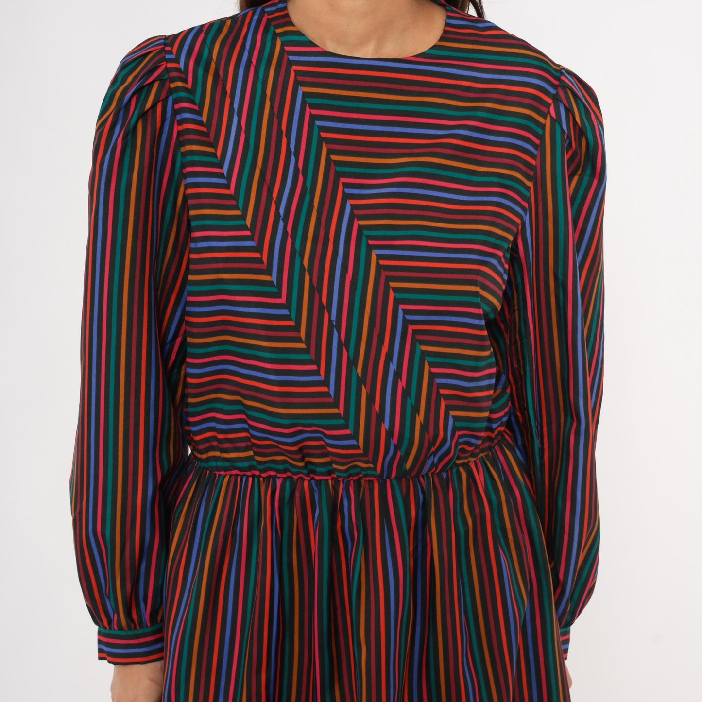 80s DW3 Multicolor Chevron Stripe Dress Puff Sleeve Gathered Waist Large
