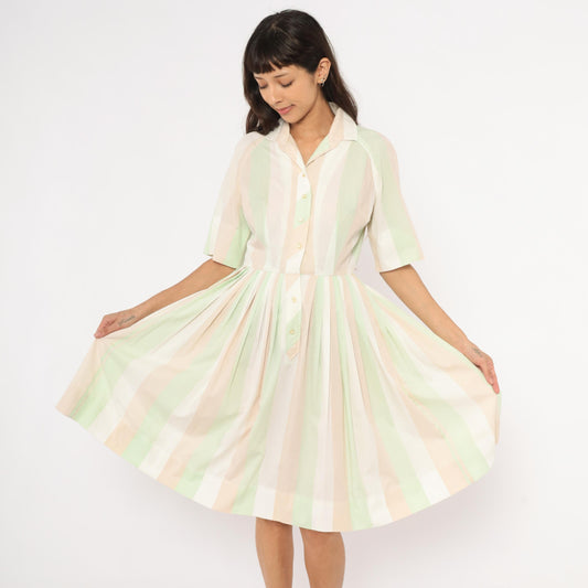 60s Pastel Striped Shirtdress Mint Green Pink Button Front Knee Length Medium