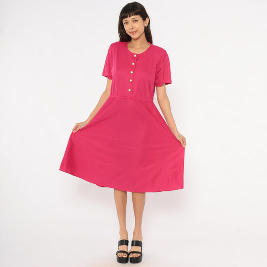 80s Fuchsia Button-Front Midi Dress Gold Buttons Gathered Waist Small
