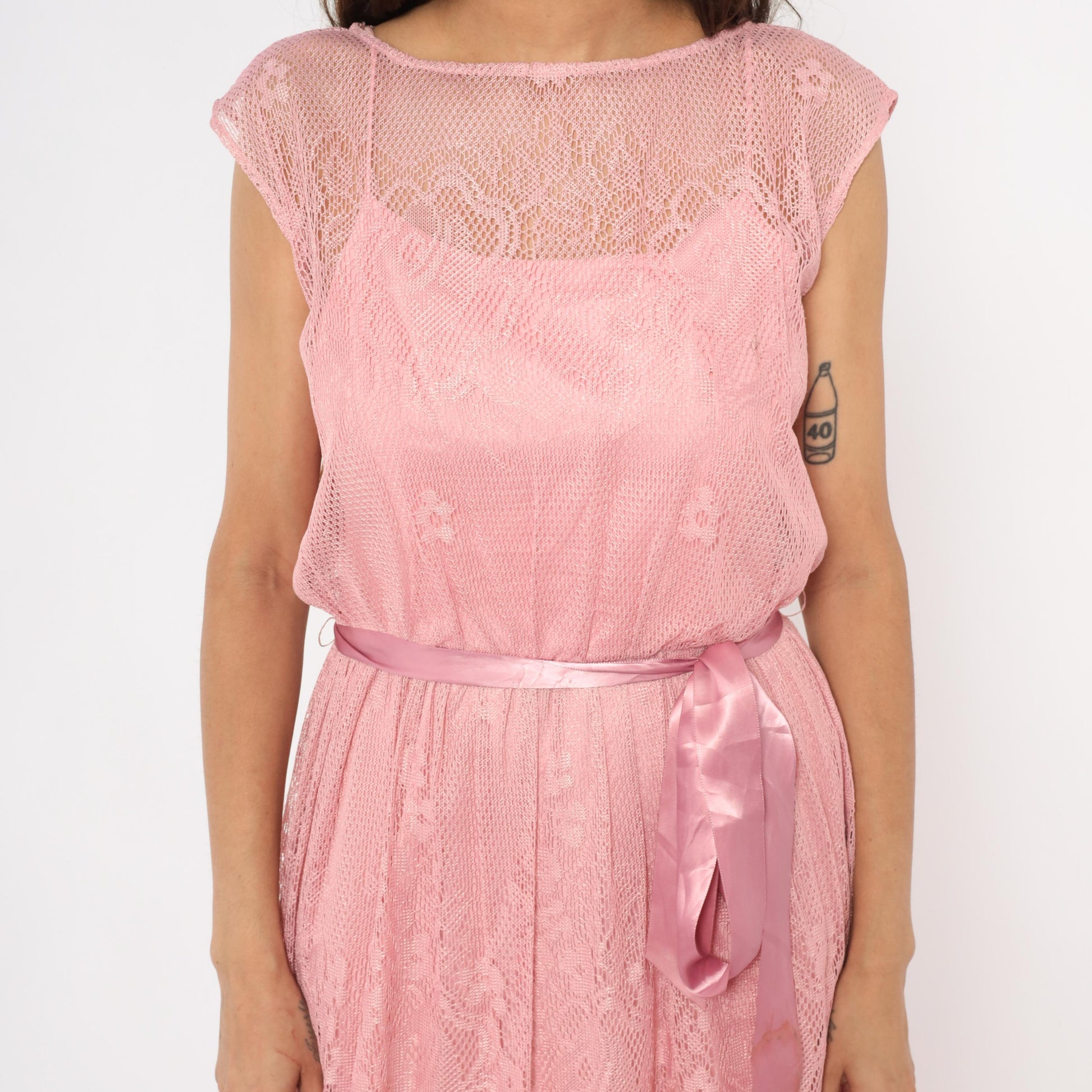 80s Rose Pink Lace Midi Dress Cap Sleeve Scalloped Hem Small S