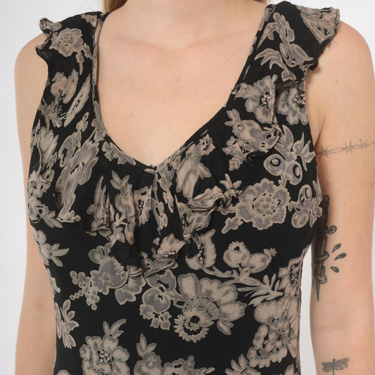 90s Black Grey Floral Midi Dress V-Neck Ruffle Chiffon Medium M