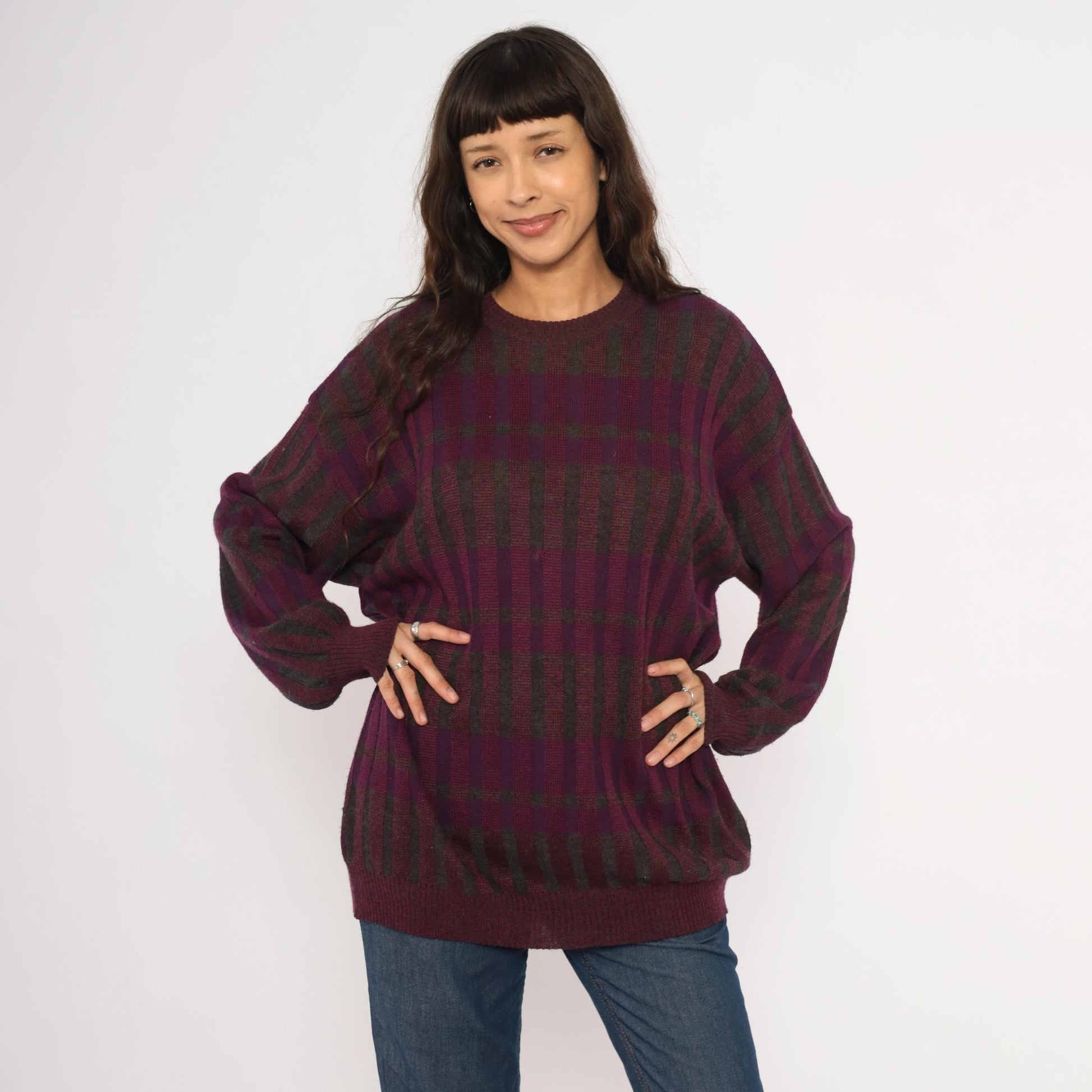 80s Gea Plaid Knit Sweater Burgundy Purple Grey Crewneck Extra Large XL