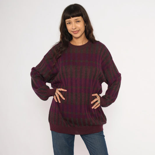 80s Gea Plaid Knit Sweater Burgundy Purple Grey Crewneck Extra Large XL