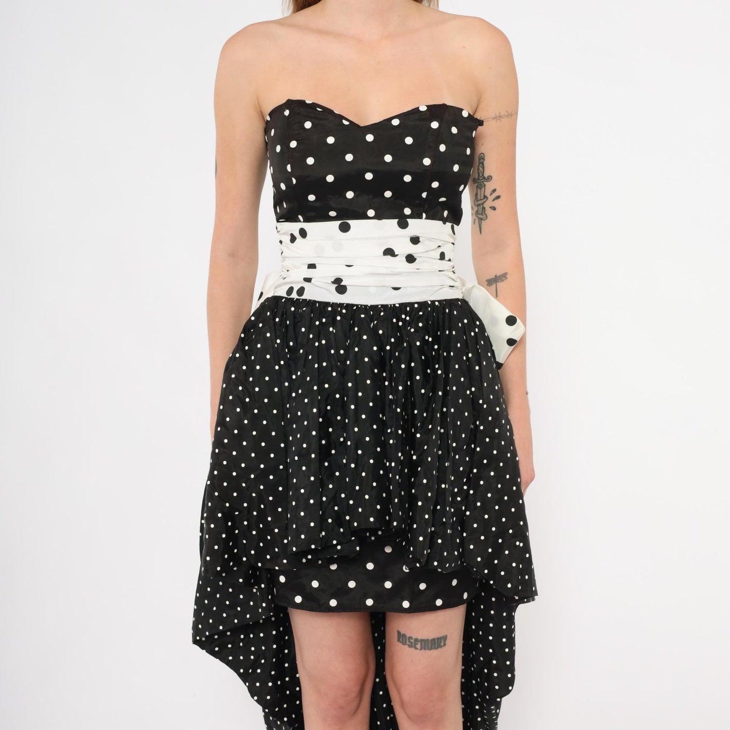 80s Jessica McClintock Gunne Sax Polka Dot Strapless Gown Black White Extra Small XS