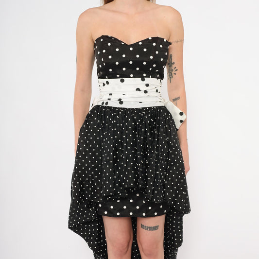 80s Jessica McClintock Gunne Sax Polka Dot Strapless Gown Black White Extra Small XS