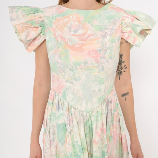 90s JCPenney Floral Midi Dress Watercolor Rose Basque Waist Flutter Sleeve Small S