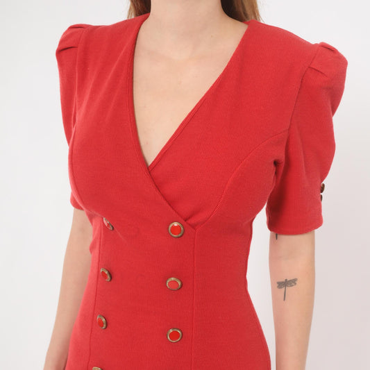 80s All That Jazz Red Mini Dress Double Breasted Puff Sleeve V Neck Gold Ruffle Extra Small XS
