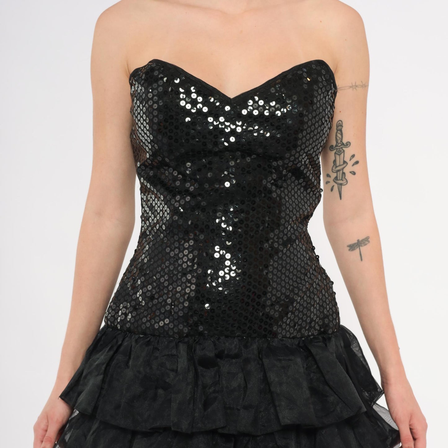 80s Tadashi Sequin Strapless Dress Sweetheart Neckline Tiered Ruffle Mini Black Small S
