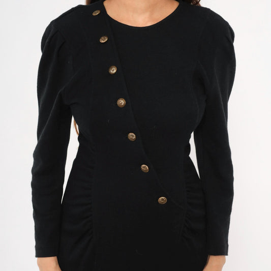 80s All That Jazz Black Puff Sleeve Dress Gold Buttons Ruched Waist Small S